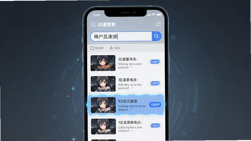 稀饭动漫 Next 资源搜索界面示意图,主体为手机搜索页面,输入框内显示动漫名称,下方列表展示多个视频源选项,高亮显示“1080P”标签,布局清晰,风格科技感,细节体现快速响应,干净,无水印,高清