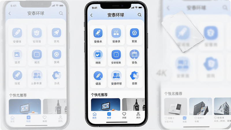 一张高清的手机应用界面全景图,主体显示安泰环球APP首页,布局清晰,顶部导航栏简洁,中间是分类图标网格,底部为个性化推荐流,风格现代极简,白色背景搭配蓝色主色调,细节精致,无多余元素,画质4K