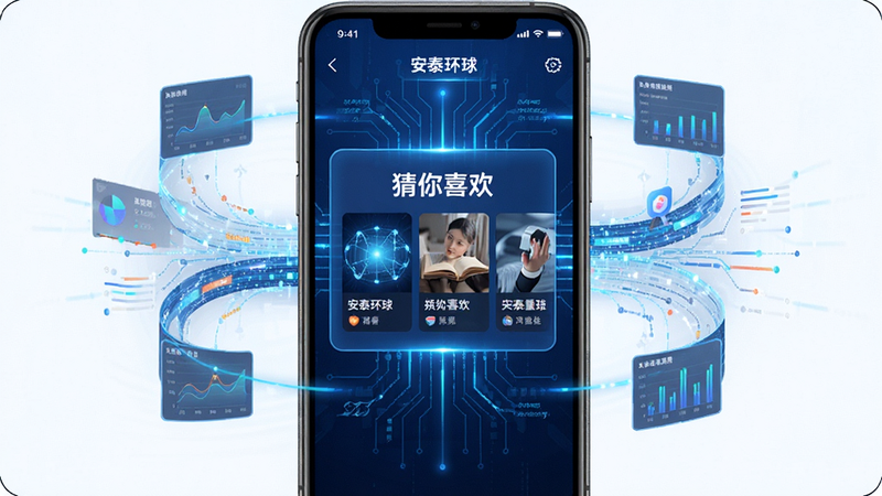 安泰环球APP的智能推荐界面展示,屏幕中央显示“猜你喜欢”模块,周围环绕着数据流可视化图形,象征算法运作,蓝色科技风格,布局对称,文字清晰,细节丰富,画质高清