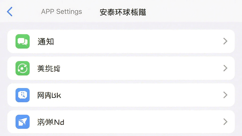 安泰环球APP的设置界面截图,显示权限管理列表,包括通知、存储、网络等选项,布局整齐,图标清晰,风格简洁,白色背景,细节完整,画质高清