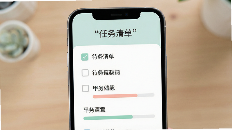 展示一个手机上的任务管理界面,包含清晰的待办事项列表和进度条,界面设计简洁直观,色彩搭配柔和,主体为手机屏幕,布局规整,风格扁平化,细节精致,画质高清,干净,无多余元素,文字“任务清单”加引号显示
