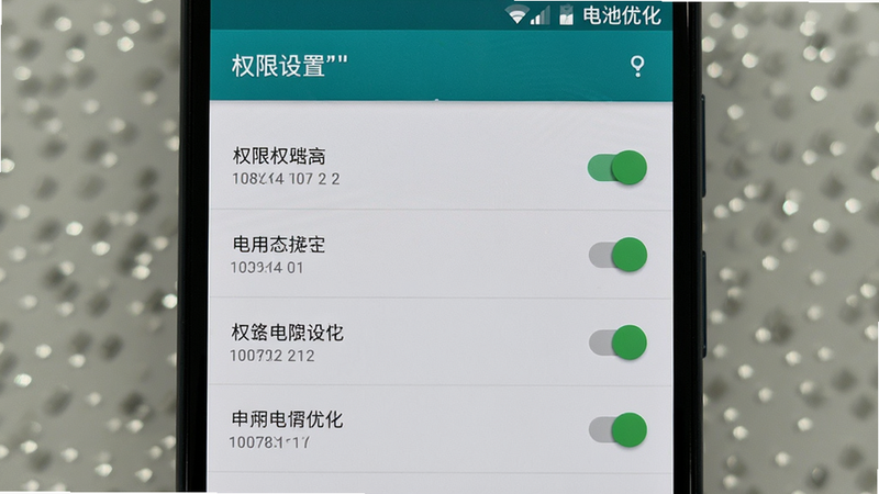 展示安卓手机设置界面中关于权限管理和电池优化的操作截图,主体为手机屏幕,布局清晰,风格写实,细节显示开关状态,画质高清,干净,无多余元素,文字“权限设置”加引号显示