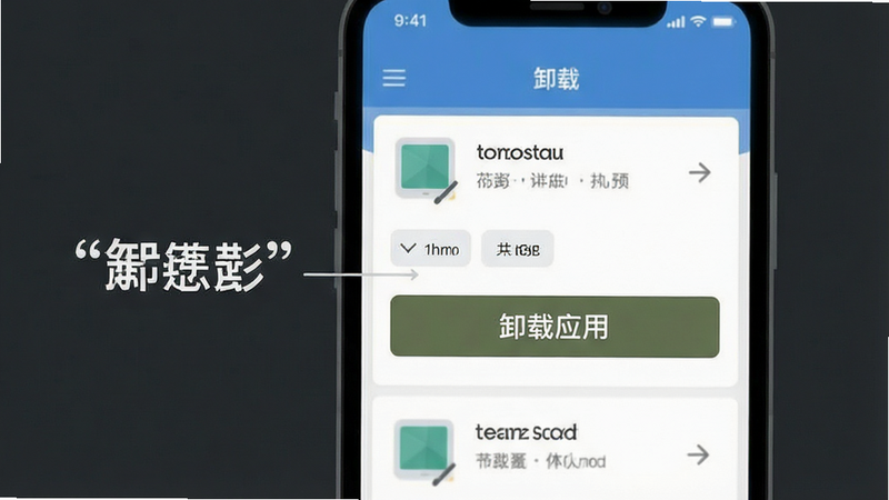 展示手机应用管理界面中卸载操作的步骤示意图,主体为手机屏幕,布局简洁,风格扁平,细节显示卸载按钮,画质高清,干净,无多余元素,文字“卸载应用”加引号显示