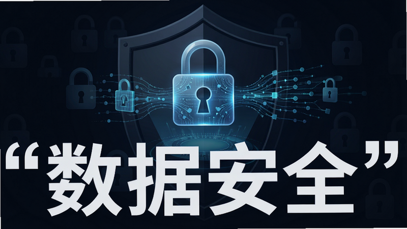 一个锁形图标悬浮在数据文件上方,背景为深色调的安全盾牌图案,主体突出,布局对称,风格专业严谨,细节表现出加密算法的流动感,画质高清,干净,无多余元素,文字“数据安全”加引号显示