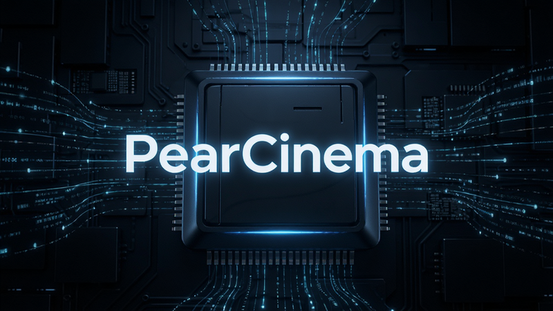 PearCinema硬件加速效果展示,背景为深色科技风,中心是PearCinema Logo发光,周围有数据流线条表示高速处理,布局中心对称,风格未来感,细节包含芯片纹理,画质锐利,干净