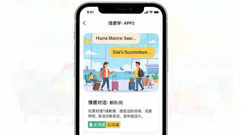 չʾ������ѧ��APP�ġ��龰�Ի������ܽ��档�ֻ���Ļ�г���һ��������·�ĳ����廭���Ϸ���Ӣ�ĶԻ����ݣ��·��Ƕ�Ӧ�����Ľ������ص�ʻ������ʾ�����沼����������ƬʽUI��ƣ�ɫ���������ã�����Ϊ���ף�ͻ����Ļ���ݣ����������񣬸�����Ⱦ