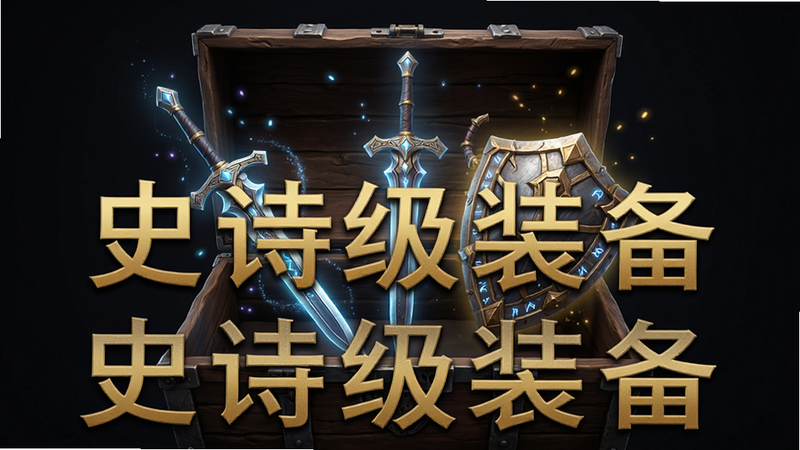 主体是一个打开的装备箱,内部漂浮着发光的剑与盾牌,布局对称平衡,排版突出装备的稀有度光效,风格奇幻写实,细节展现符文刻印与粒子特效,画质细腻,干净深色背景,文字