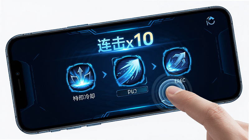主体是手机屏幕界面,显示游戏内的连招提示图标,布局清晰展示技能冷却与连击数,排版符合UI设计规范,风格科技感蓝色光效,细节包含手指触控反馈动画,画质清晰锐利,干净背景,文字