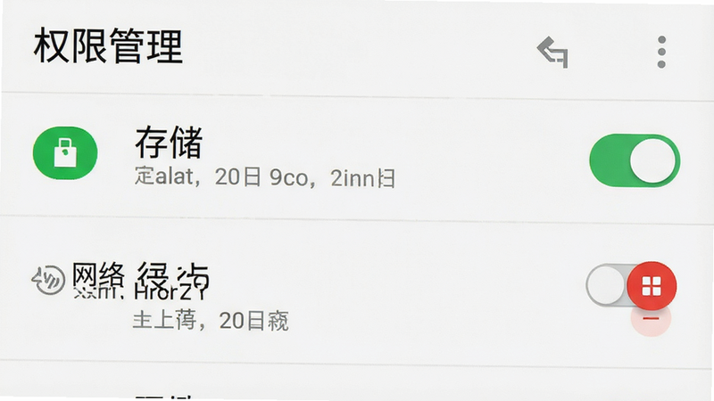 主体是手机设置界面截图,显示权限管理列表,布局清晰展示存储与网络权限开关状态,排版为标准安卓UI风格,细节包含绿色开启图标与红色关闭图标对比,画质清晰,干净背景,文字