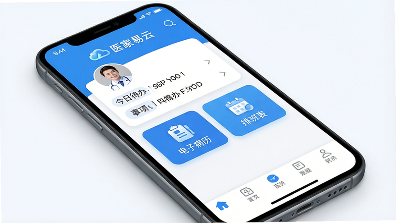 主体为手机屏幕展示医家易云APP首页,界面采用医疗蓝白色调,布局清晰,顶部显示医生头像与今日待办事项,中部为快捷功能入口如“电子病历”“排班表”,底部为导航栏,风格简约现代,细节包含高清UI图标与柔和阴影,画质4k,干净无多余元素,文字“医家易云”清晰可见