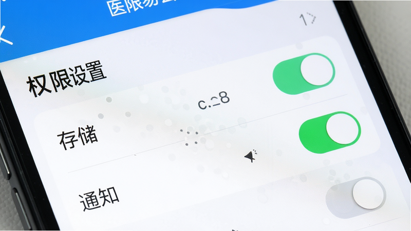 手机设置界面特写,显示医家易云APP的权限管理页面,高亮显示“存储”和“通知”开关为开启状态,风格简洁直观,细节包括开关滑块与权限名称,画质高清,干净,文字“权限设置”