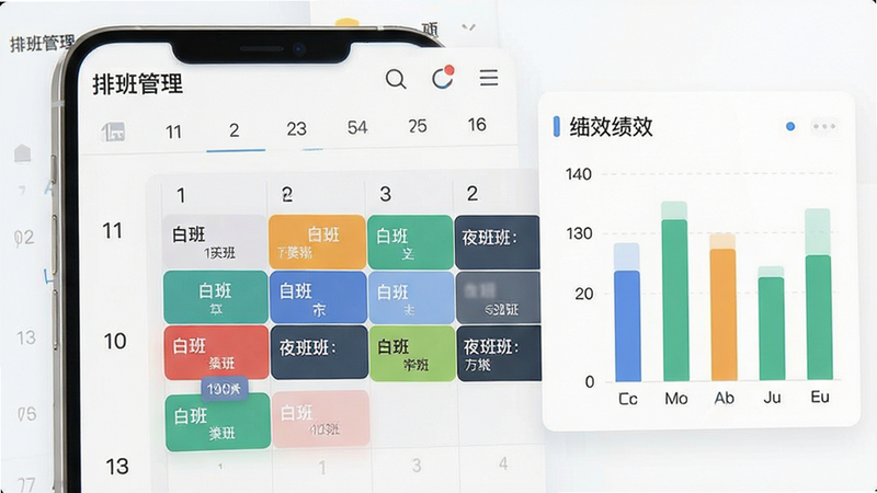 手机界面展示排班日历视图,用不同颜色区分白班夜班,旁边有绩效柱状图,风格扁平化,细节包括日期标记与数据标签,画质清晰,干净,文字“排班管理”