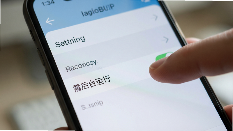 一部智能手机屏幕上显示着设置界面,手指正在点击“后台运行”开关,背景虚化,布局聚焦于操作细节,排版清晰,风格写实摄影风,细节逼真,画质高清,干净,无多余元素