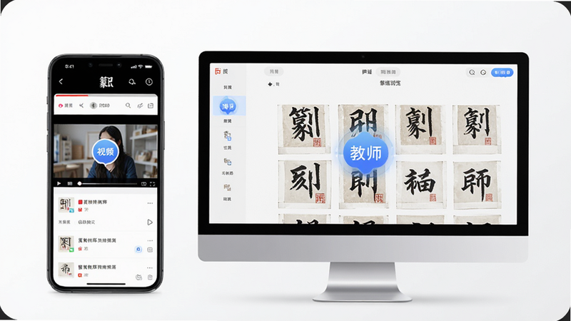 主体为手机与电脑屏幕并排展示“篆刻教师”应用界面,手机显示视频播放页,电脑显示印谱浏览页,背景为简洁白色,布局对称,风格为科技感与现代感结合,细节突出多端同步图标,画质清晰,干净,无多余元素