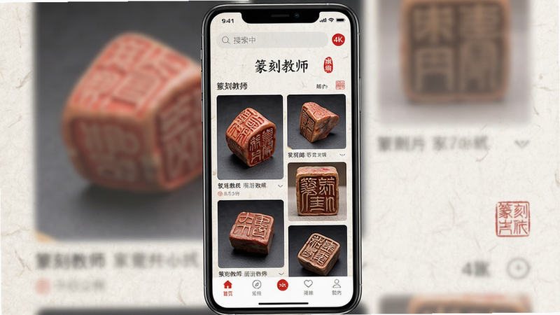 主体为手机屏幕特写,居中显示“篆刻教师”APP主界面,背景为淡雅宣纸纹理,布局包含顶部搜索栏、中部高清篆刻作品瀑布流、底部导航栏,排版整齐,风格为新中式极简主义,细节处可见印章红色点缀,画质4k,干净,无多余元素