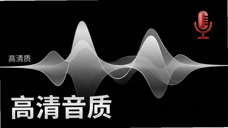 主体为声波可视化图表,背景为纯黑色,中央是一条流畅起伏的银白色声波曲线,左侧标注小字“高清音质”,右侧有一个红色的麦克风图标,布局左右对称,排版数据可视化风格,风格科技感,细节包括声波的渐变透明度与麦克风的金属光泽,画质8k超清,干净,无多余元素,文字“高清音质”加粗显示