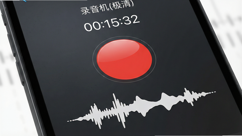 主体为手机屏幕特写,显示「录音机(极清)」应用界面,界面背景为深灰色磨砂质感,中央有一个巨大的红色圆形录制按钮,按钮上方显示白色数字计时器“00:15:32”,下方是动态跳动的白色音频波形图,布局简洁居中,排版极简主义,风格为现代UI设计,细节包括按钮的高光反射与波形的平滑曲线,画质4k高清,干净,无多余元素,文字“录音机(极清)”清晰可见