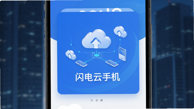 主体为闪电云手机软件界面展示,布局为居中卡片式,排版清晰有序,风格为现代科技感蓝白配色,细节包含云端图标与手机连接示意图,文字引用“闪电云手机”,画质高清,干净无多余元素