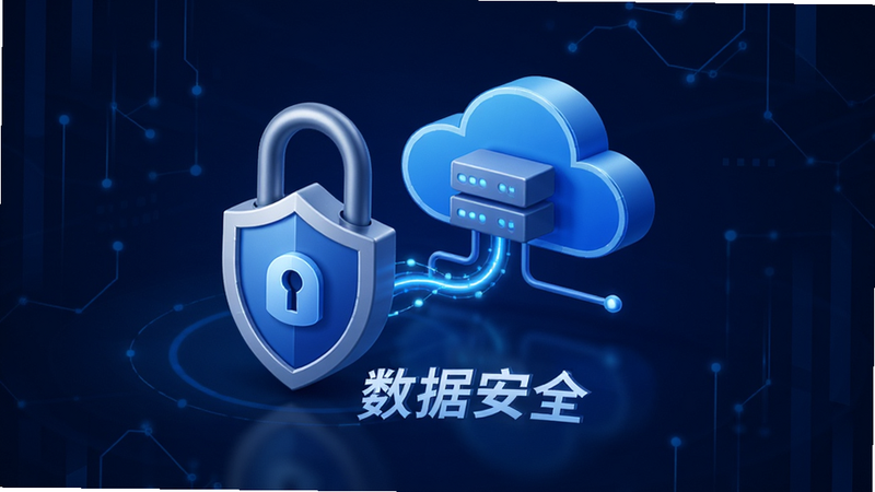 主体为安全锁与云端服务器图标,布局为中心聚焦,排版简洁,风格为蓝色安全主题,细节展示盾牌与云朵连接,文字引用“数据安全”,画质高清,无杂乱元素