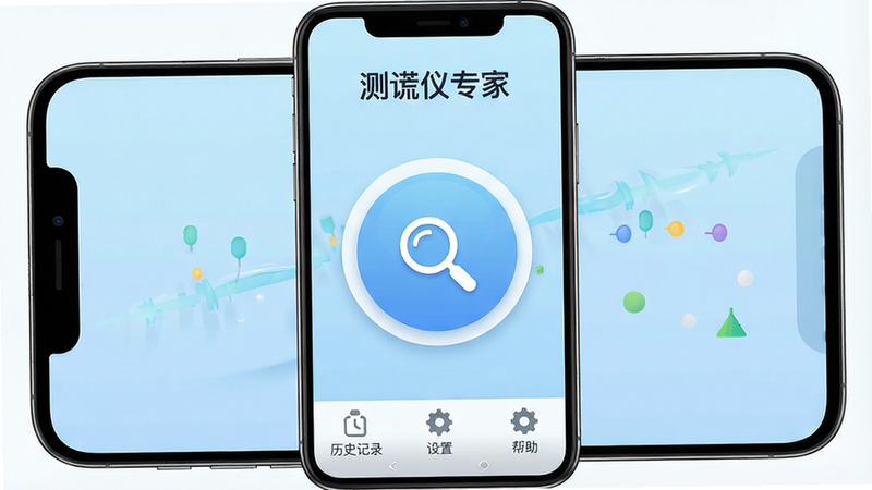 一张高清晰度的手机屏幕截图,主体是“测谎仪专家”安卓版应用的主界面。布局居中,顶部显示应用名称“测谎仪专家”,中间是一个巨大的圆形开始按钮,按钮中心有一个放大镜图标,背景是柔和的浅蓝色渐变色,底部有三个小图标分别代表历史记录、设置和帮助。风格为现代扁平化UI设计,细节处有轻微的光影效果,画质4k,干净无多余元素,文字“测谎仪专家”清晰可见。