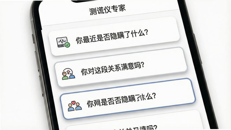 手机界面展示,主体是“测谎仪专家”的问题选择列表。布局为垂直滚动列表,每个问题项左侧有一个小图标,右侧是问题文本,如“你最近是否隐瞒了什么?”、“你对这段关系满意吗?”。背景为白色,文字为深灰色,选中项有高亮边框。风格简洁明了,细节包含轻微的阴影效果,画质高清,干净无杂乱元素,文字“测谎仪专家”在顶部导航栏可见。