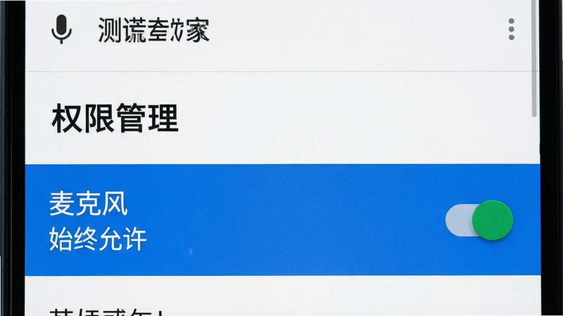 手机设置界面,主体是“权限管理”页面。布局为列表,高亮显示“麦克风”权限,状态为“始终允许”。背景为白色,文字为黑色,右侧有开关按钮处于开启状态。风格为安卓原生设置风格,细节包含麦克风图标,画质清晰,干净无干扰,文字“测谎仪专家”在顶部。