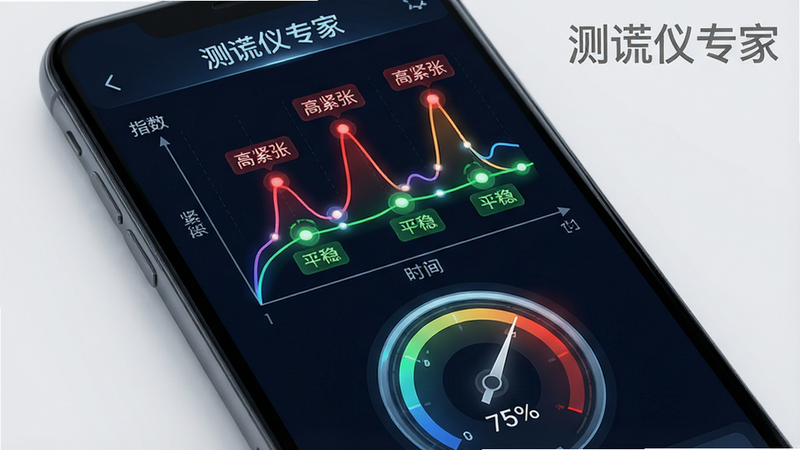 手机屏幕显示“测谎仪专家”的分析结果页。主体是一条动态的彩色曲线图,横轴为时间,纵轴为紧张指数。曲线在几个点有明显的波峰,用红色标注“高紧张”,绿色标注“平稳”。界面下方有一个圆形仪表盘,指针指向75%。风格科技感与现代感结合,细节处有数据点的光晕效果,画质极高,干净背景,文字“测谎仪专家”作为水印或标题存在。