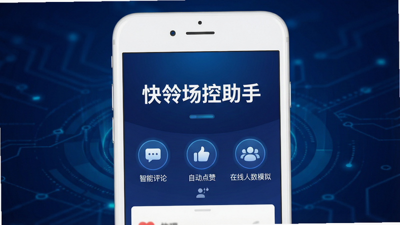 主体为一部白色智能手机,屏幕显示快瓴场控助手APP界面,背景为深蓝色科技风渐变,界面中央有大标题“快瓴场控助手”,下方列出“智能评论”、“自动点赞”、“在线人数模拟”三个功能图标,布局对称整齐,扁平化设计风格,细节清晰,8K高清画质,无多余元素
