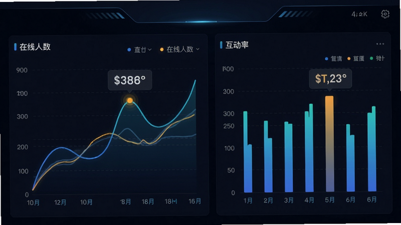 数据仪表盘界面设计,包含折线图和柱状图,展示“在线人数”和“互动率”趋势,背景为深色模式,高亮显示关键数据节点,科技感强,布局清晰,细节丰富,4K画质,干净简洁