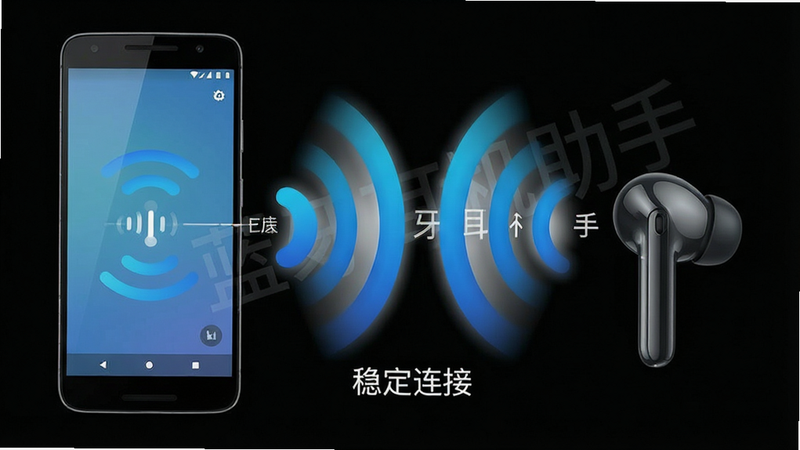 生成一张展示蓝牙连接过程的示意图,主体为一只无线蓝牙耳机与一部安卓手机之间的无线信号连接动画效果,信号波纹呈蓝色渐变,布局左右分布,手机在左耳机在右,排版对称平衡,风格为科技流程图风格,细节展示信号稳定连接的动态感,画质清晰,干净背景,无多余装饰,文字标注
