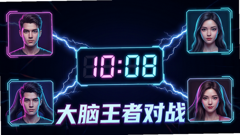 主体为多人对战界面,屏幕中央显示倒计时数字,四周分布四个玩家头像,布局对称,风格为科技感霓虹风,细节处有闪电特效,文字“大脑王者对战”醒目,画质清晰,干净,无多余元素