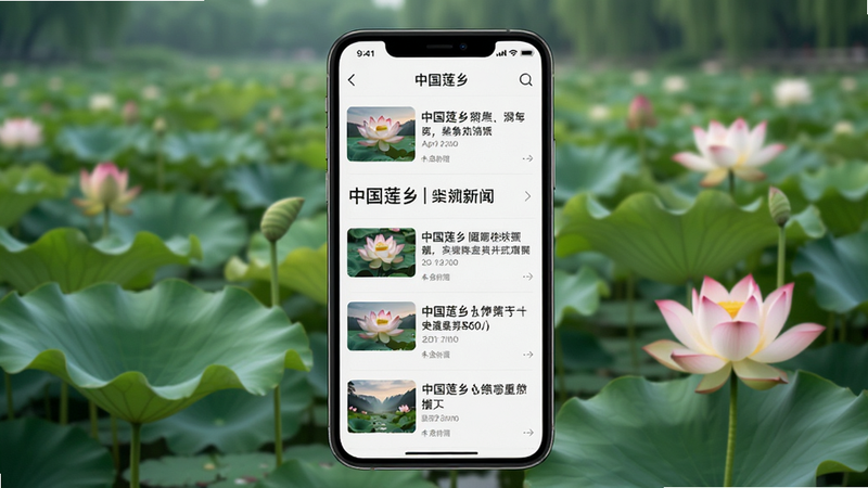 一部智能手机展示“中国莲乡”App的新闻列表页面,屏幕中显示多条新闻标题,关键词突出,排版整齐,背景为模糊的荷塘,风格简洁现代,高清细节,无水印