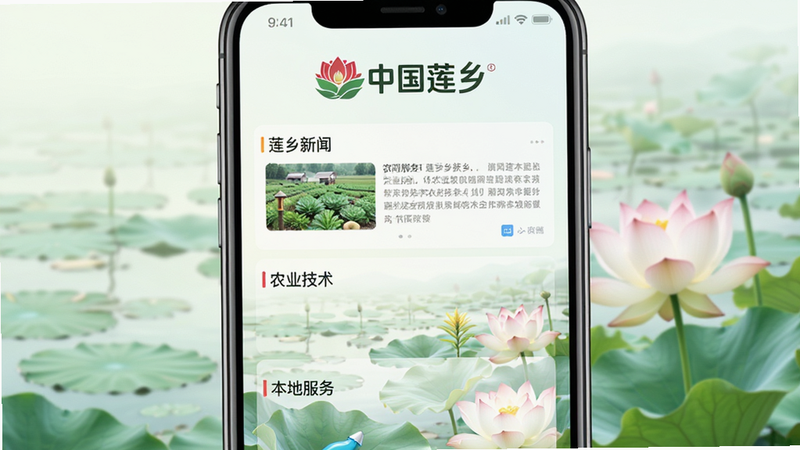 一张展示“中国莲乡”App首页界面的手机屏幕特写图,主体为智能手机垂直居中,屏幕显示App首页,顶部有“中国莲乡”Logo,下方分为“莲乡新闻”、“农业技术”、“本地服务”三个模块,背景为淡雅的荷塘景色,风格清新自然,高清画质,无多余元素