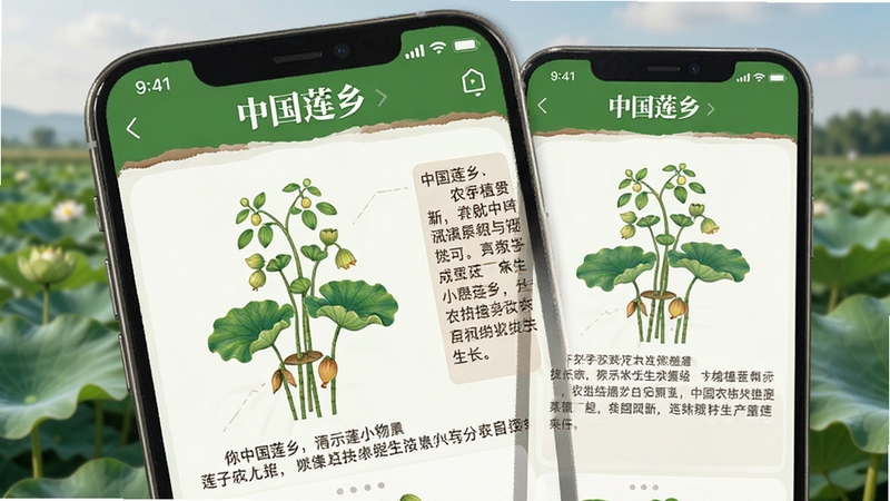 展示“中国莲乡”App内农业技术教程页面的手机界面,屏幕上显示莲子植株生长图解与文字说明,配色以绿色和棕色为主,体现农业特色,界面清爽,高清画质,无多余装饰