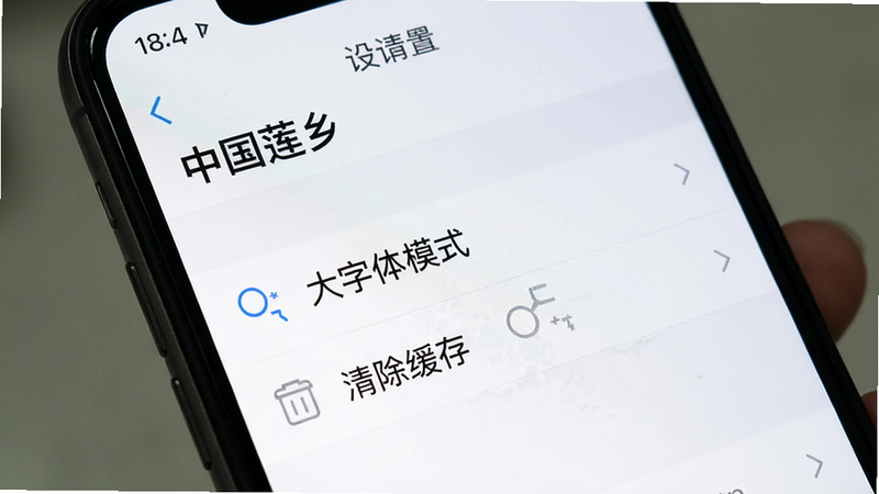 一张手机屏幕特写,显示“中国莲乡”App的设置界面,突出“大字体模式”和“清除缓存”选项,界面简洁,文字清晰,风格实用,高清画质,无多余元素
