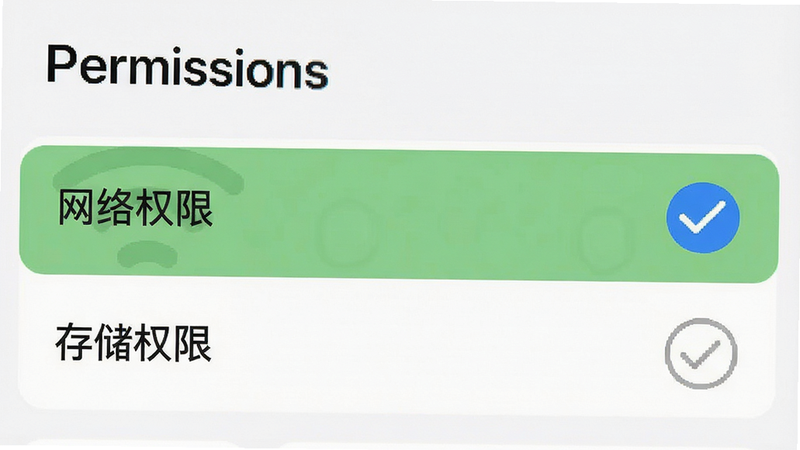 主体为手机设置界面中权限管理的示意图,布局突出“网络权限”和“存储权限”选项。风格系统原生UI风格,简洁直观。细节显示勾选状态。画质清晰,干净,无多余元素,文字需包含