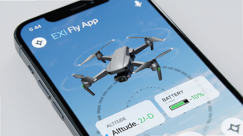 EXI Fly app interface on a modern smartphone screen, displaying a 3D drone model hovering in a blue sky background, clean UI with flight data widgets showing altitude and battery level, minimalistic design, high fidelity, realistic lighting, 4k resolution