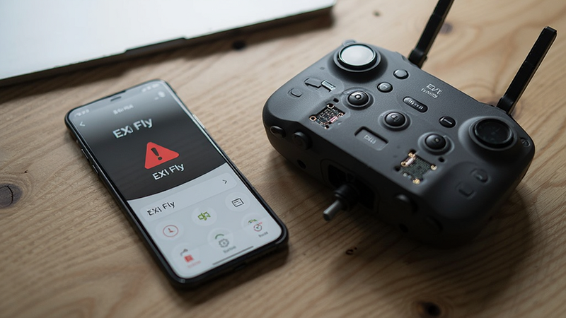 Smartphone lying on a wooden table next to a disassembled drone controller, showing the EXI Fly app on the screen with a warning icon, soft lighting, technical tutorial style, clear focus on the app interface