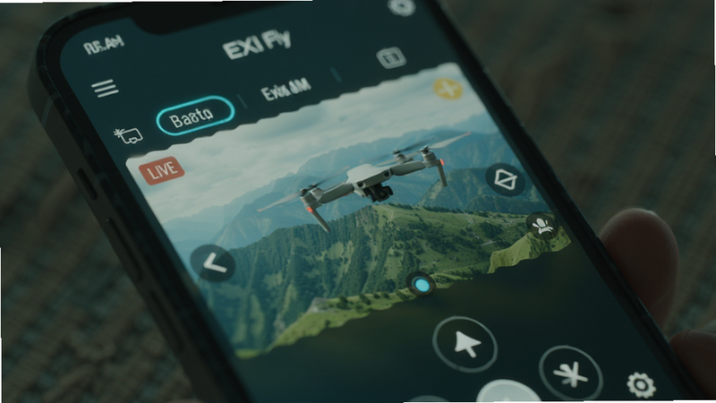 Close up of a smartphone screen showing EXI Fly app, focus on the virtual joystick controls and a live video feed of a drone flying over green mountains, interface elements glowing softly, detailed texture, cinematic style