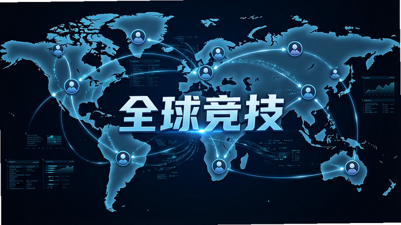 主体为全球地图背景,上面分布着多个代表玩家的图标,图标之间由光线连接,象征实时对战,布局中心突出显示“全球竞技”字样,风格科技感,细节展示数据流动效果,画质清晰,干净无多余元素