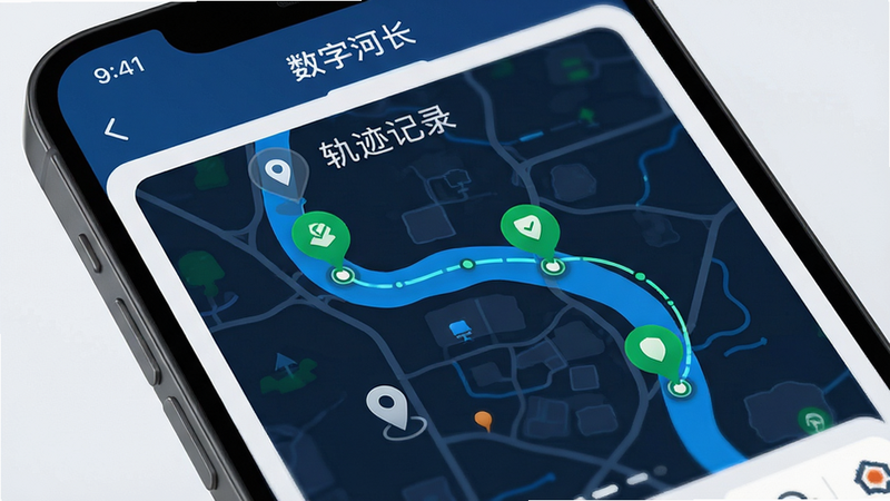 ����Ϊ�ֻ���Ļ��д����ʾ�����ֺӳ���APP�ĵ�ͼ���棬��������Ϊһ�����ѵ���ɫ����·����·���Ϸֲ�����ɫ�Ĵ򿨵�ͼ�ꡣ�Ű�۽��ڵ�ͼ���򣬷��Ϊ����Ƽ��磬ϸ�ڴ�ͻ����λ������켣�����ԡ����ʳ��壬ɫ�������������ұ������ţ����֡��켣��¼��������