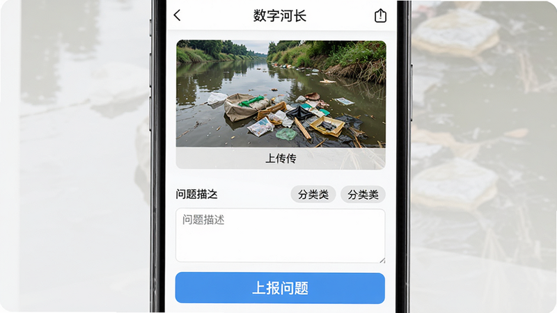����Ϊ�����ֺӳ���APP�������ϱ����棬�����Ϸ�ΪͼƬ�ϴ�������ʾһ�źӵ�������Ƭ���·�Ϊ�������������������ǩ���Ű洹ֱ���У������ʵ��࣬ϸ�ڴ����ֲ�������ԣ���ť��Ŀ�����ʸ��壬������ˬ�����֡��ϱ����⡱ͻ����