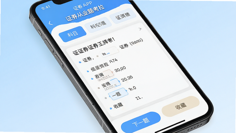 ����Ϊһ�������ֻ�����Ļ��ʾ�š�֤��ҵ�⿼����APP���棬���涥���������Ŀ�Ŀѡ�������в�չʾһ��֤ȯѡ���⣬�ײ��С���һ�⡱�͡��ղء���ť������Ϊǳ��ɫ���䣬������ִ����Ű��������޶���Ԫ�أ����廭��