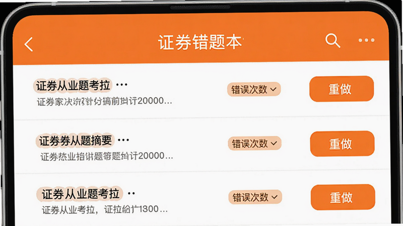չʾ��֤��ҵ�⿼����APP�Ĵ��Ȿҳ�棬�б���ʽ��ʾ�����¼��ÿ�а�����ĿժҪ�����������ǩ�͡���������ť��������Ʊ�ƽ����ɫ��Ϊ��ɫ���ɫ���䣬�����������������룬�����ұ�������������