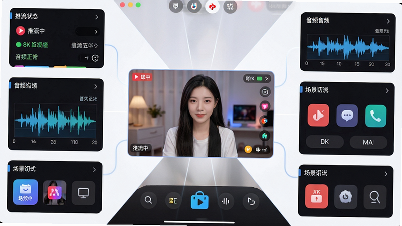 主体为抖音直播伴侣安卓应用界面全景展示,布局采用中心辐射式结构,中央显示高清直播间预览画面,四周环绕着推流状态监控、音频波形图、场景切换按钮等核心功能模块,排版整齐清晰,风格为现代极简科技风,细节处体现流畅的操作逻辑与专业的数据反馈,画质为8K高清,整体画面干净无多余元素,文字标签如