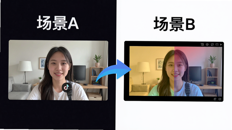 主体为抖音直播伴侣场景切换功能演示,布局为左右对比结构,左侧显示摄像头实拍画面,右侧显示屏幕录制与图片背景叠加效果,中间通过动态箭头指示切换路径,排版对称平衡,风格为扁平化设计,细节突出不同场景的色彩协调与过渡效果,画质为高清矢量风格,干净无杂乱背景,文字标注