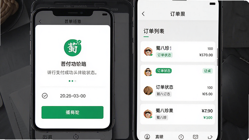 主体为支付成功界面与订单列表页面,布局为上下分栏结构,排版简洁明了,风格商务简约,细节显示支付图标、订单状态标签、时间戳,画质高保真,干净,无多余元素,文字“蜀八珍”
