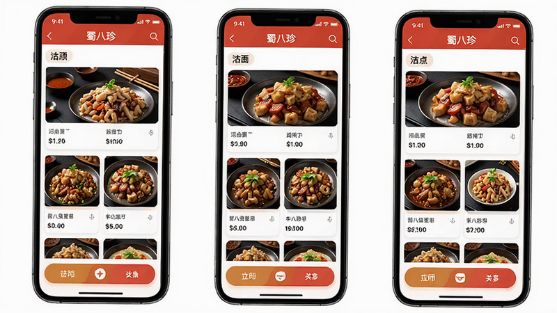 主体为蜀八珍APP的手机屏幕界面展示,布局为竖屏全屏视图,排版清晰整洁,风格为现代扁平化UI设计,细节包含顶部导航栏、中部美食列表卡片、底部操作按钮,画质高清,干净,无多余元素,文字“蜀八珍”清晰可见