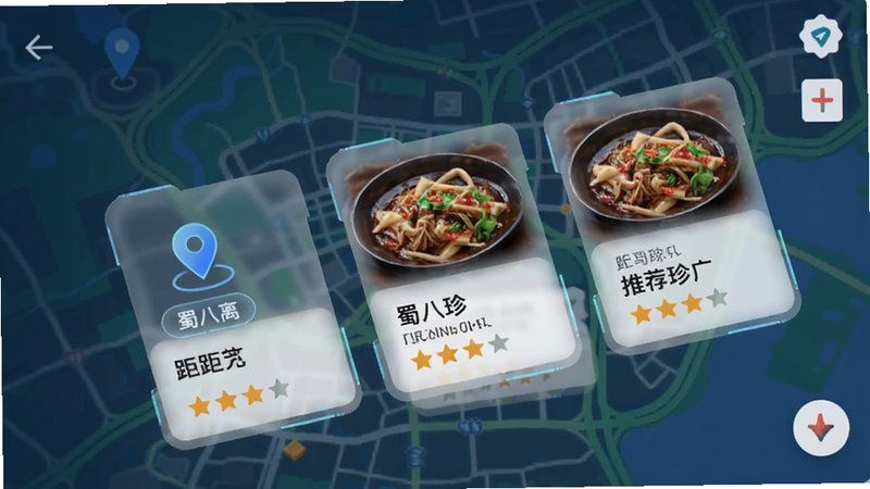 主体为地图定位与美食推荐界面,布局为地图背景叠加半透明推荐卡片,排版直观,风格科技感与亲和力并存,细节显示定位图标、距离标签、商家评分,画质清晰,干净,无多余元素,文字“蜀八珍”
