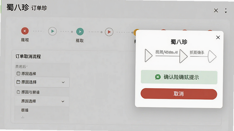 主体为订单取消流程界面,布局为步骤指示器与确认弹窗,排版逻辑清晰,风格简约商务,细节显示取消按钮、原因选择列表、确认提示,画质高清晰度,干净,无多余元素,文字“蜀八珍”